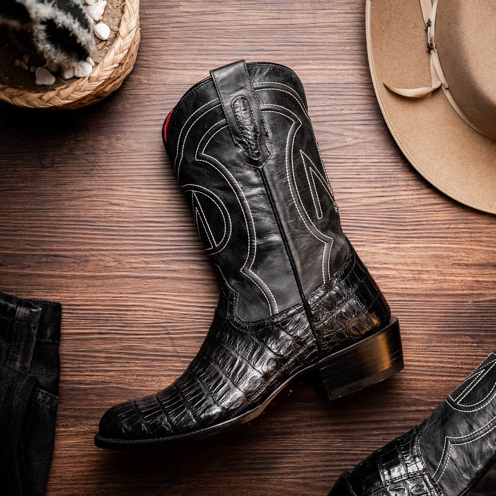 Marco Di Milano Phoenix Caiman Crocodile Round Toe Cowboy Boot Black