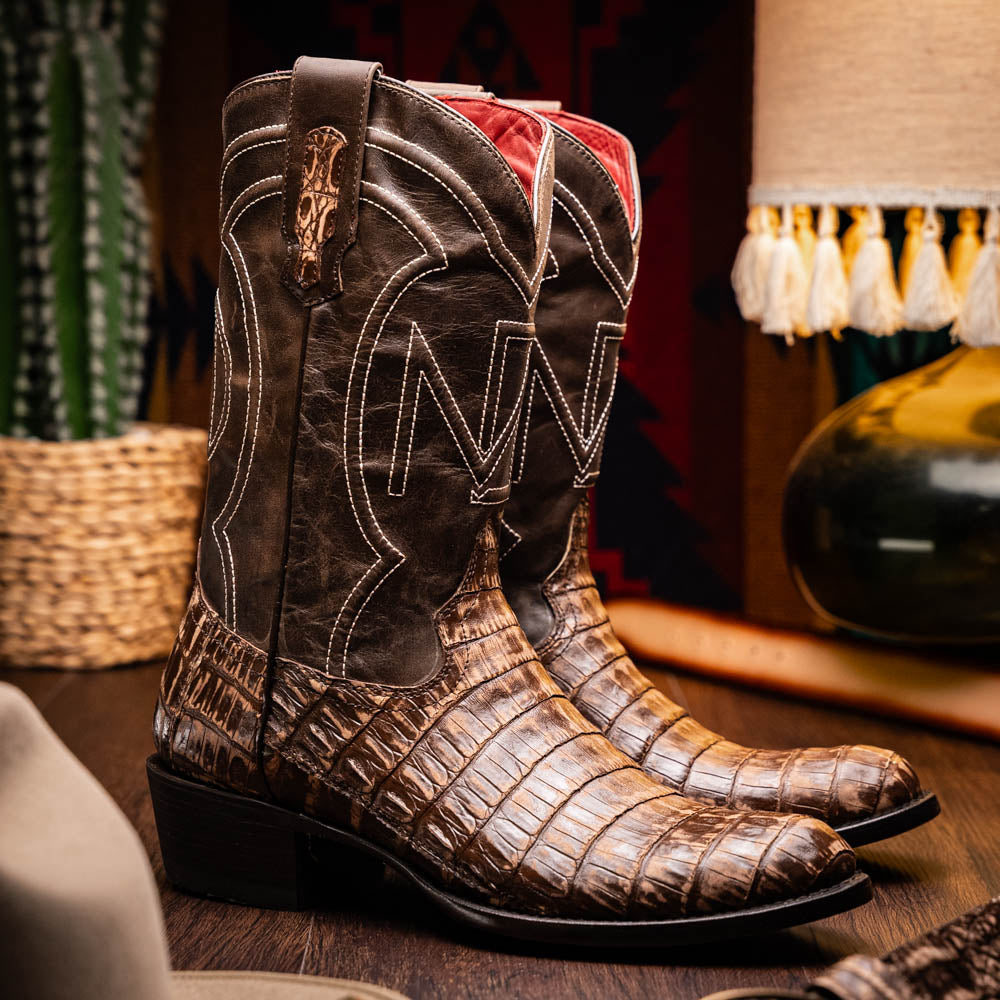 Marco Di Milano Phoenix Caiman Crocodile Round Toe Cowboy Boot Stone Brown