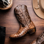 Marco Di Milano Phoenix Caiman Crocodile Round Toe Cowboy Boot Stone Brown