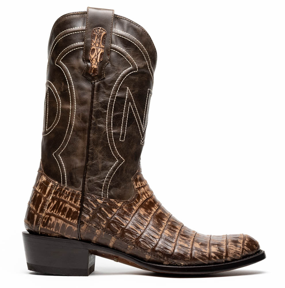 Marco Di Milano Phoenix Caiman Crocodile Round Toe Cowboy Boot Stone Brown
