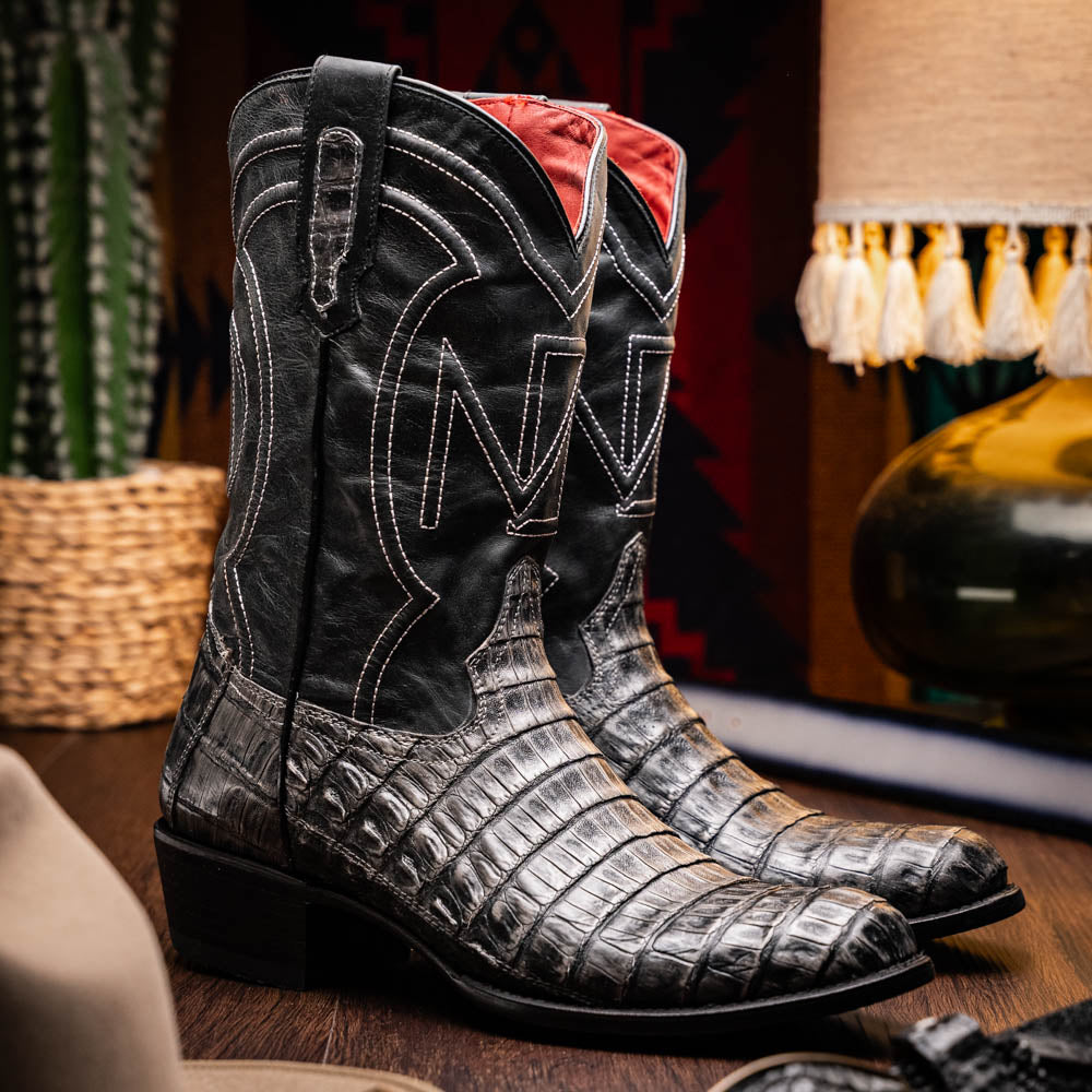 Marco Di Milano Phoenix Caiman Crocodile Round Toe Cowboy Boot Stone Gray