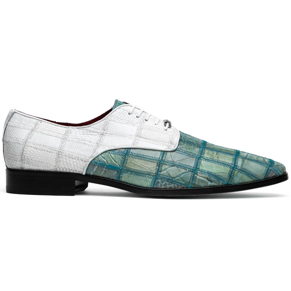 Marco Di Milano Pissa Caiman Crocodile & Lizard Patchwork Derby Teal / White
