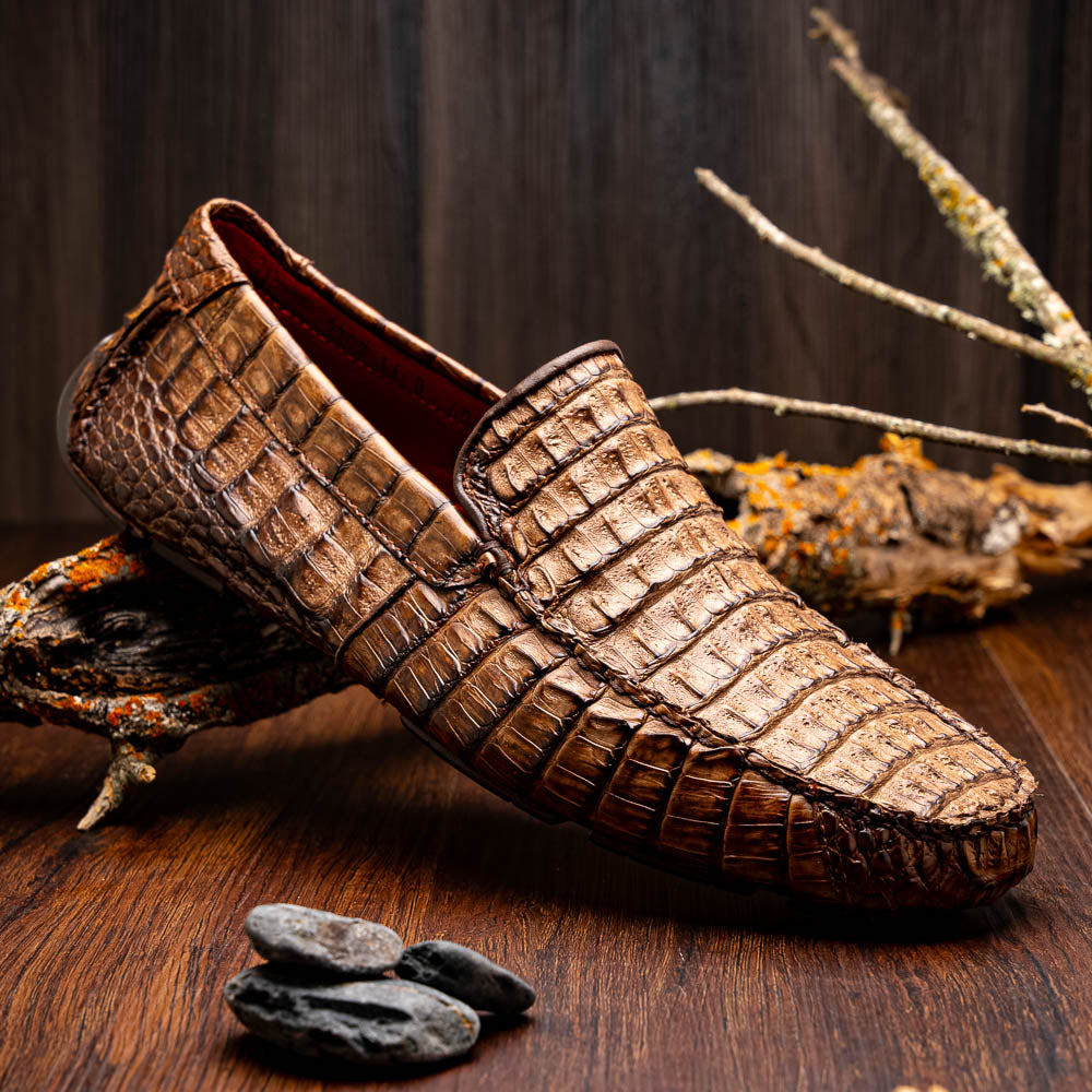 Marco Di Milano Remo Caiman Crocodile Driving Shoes Stone Wash Brown |  MensDesignerShoe.com