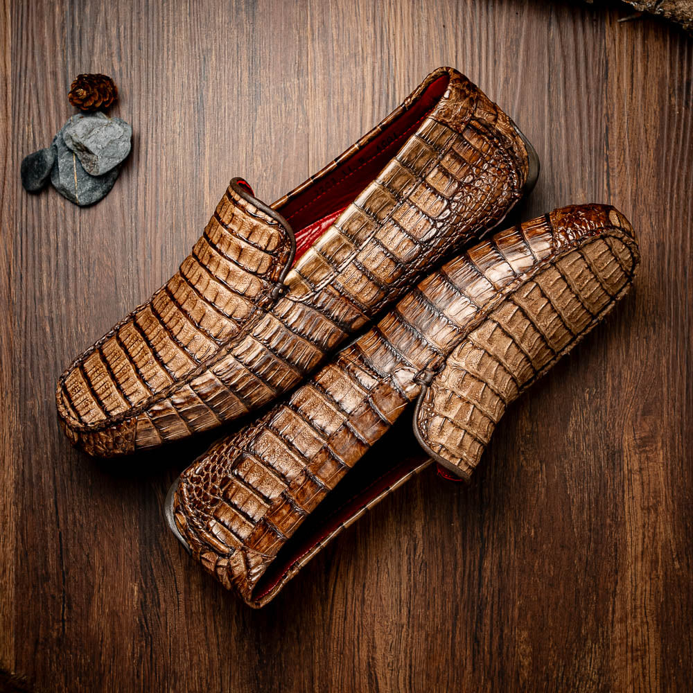 Marco Di Milano Remo Caiman Crocodile Driving Shoes Stone Wash Brown