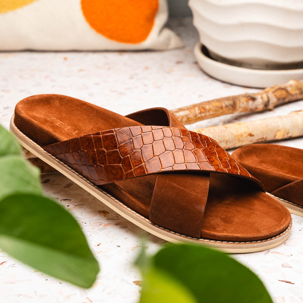 Zelli Rena Sueded Italian Goatskin & Croc Slide Cognac (06-101-CGN)