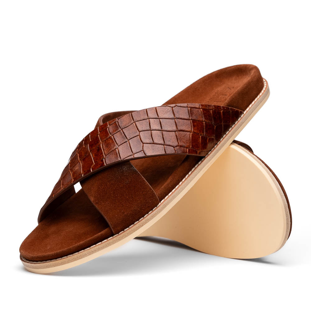 Zelli Rena Sueded Italian Goatskin & Croc Slide Cognac (06-101-CGN)