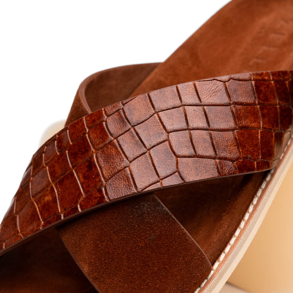 Zelli Rena Sueded Italian Goatskin & Croc Slide Cognac (06-101-CGN)