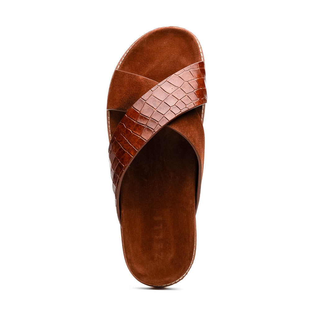 Zelli Rena Sueded Italian Goatskin & Croc Slide Cognac (06-101-CGN)