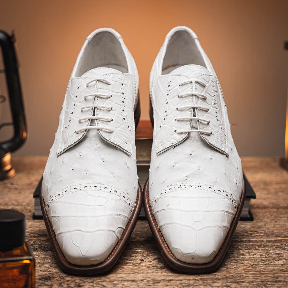 Calzoleria Toscana Ripi Baby Alligator & Ostrich Cap Toe White