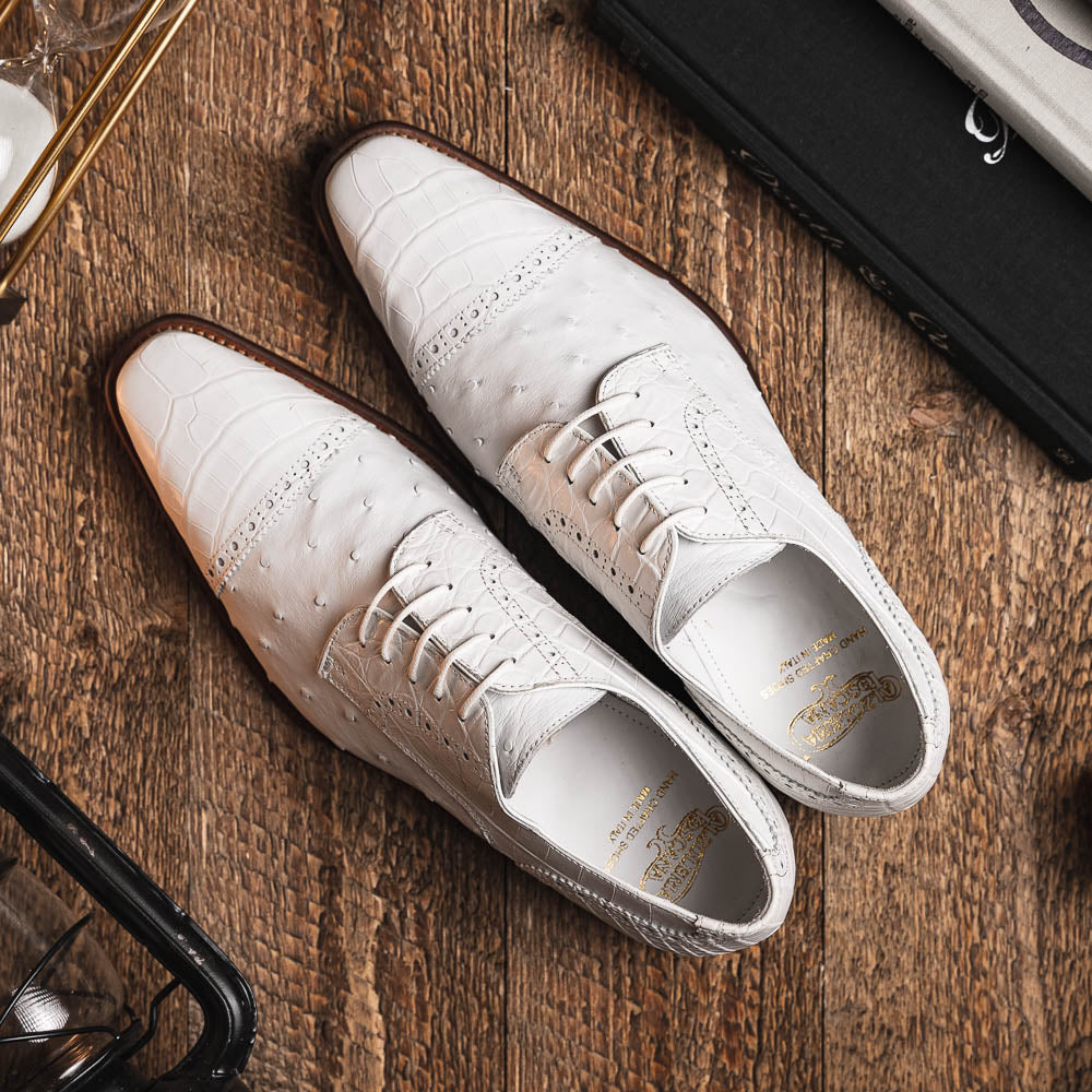 Calzoleria Toscana Ripi Baby Alligator & Ostrich Cap Toe White