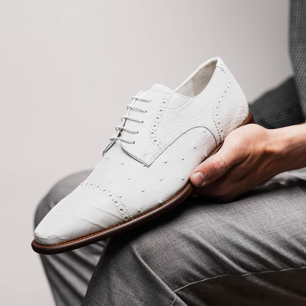 Calzoleria Toscana Ripi Baby Alligator & Ostrich Cap Toe White