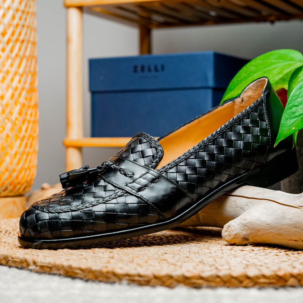 Zelli Riviera Woven Calfskin Tassel Loafers Black