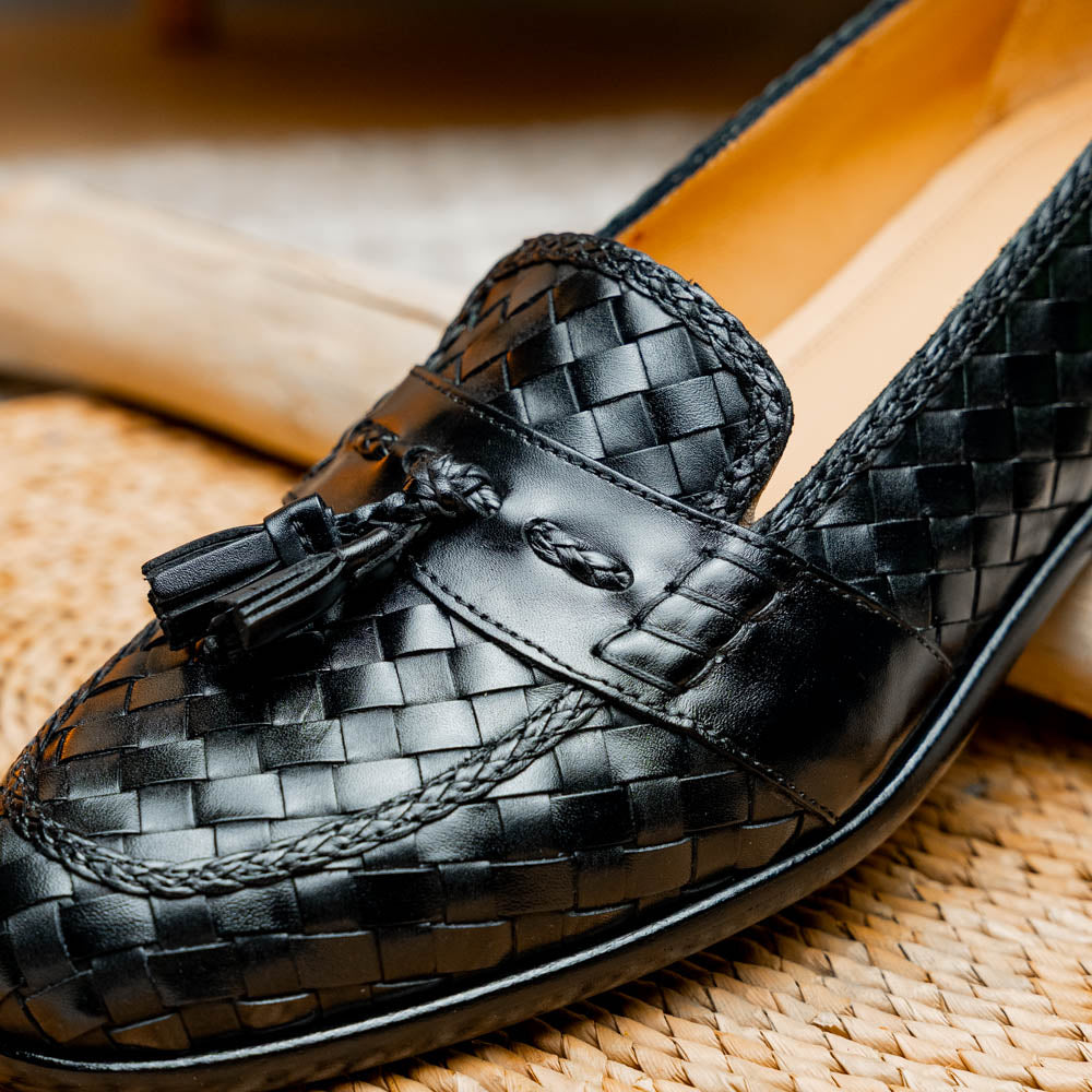 Zelli Riviera Woven Calfskin Tassel Loafers Black
