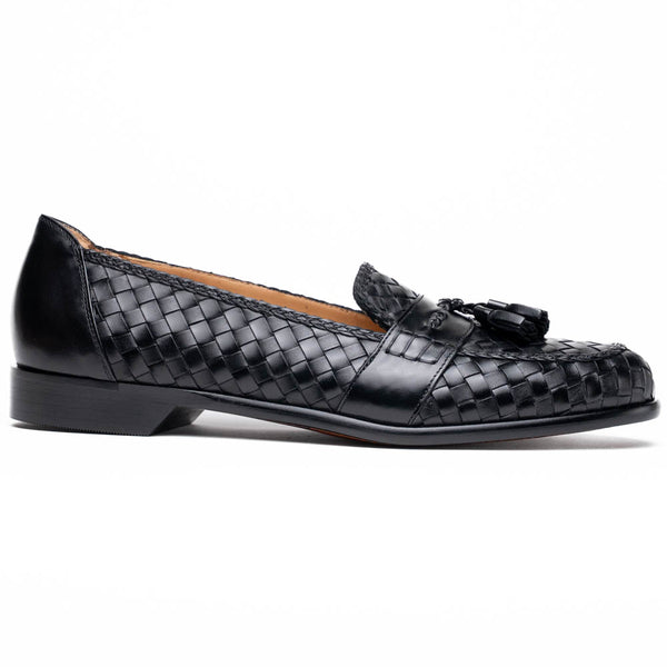 Zelli Riviera Woven Calfskin Tassel Loafers Black