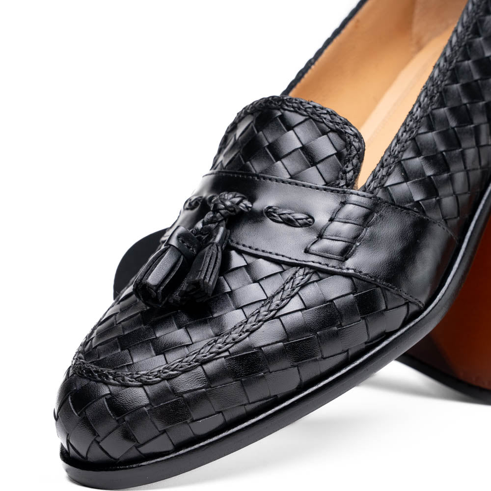 Zelli Riviera Woven Calfskin Tassel Loafers Black