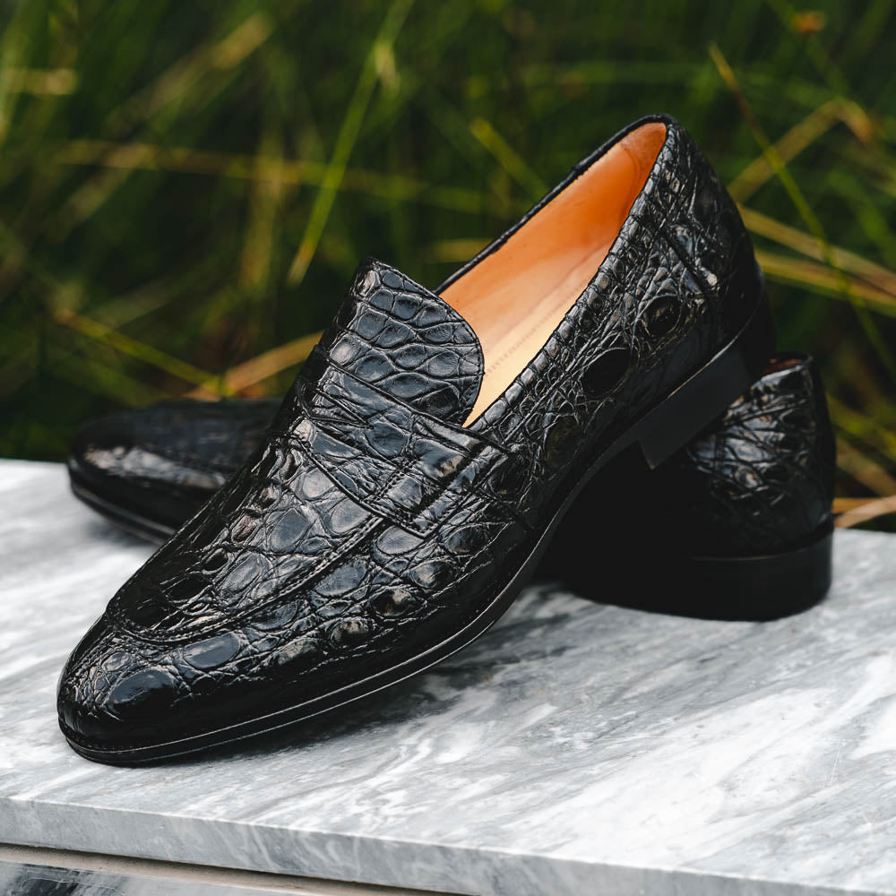 Zelli Roma Caiman Crocodile Penny Loafers Black | MensDesignerShoe.com