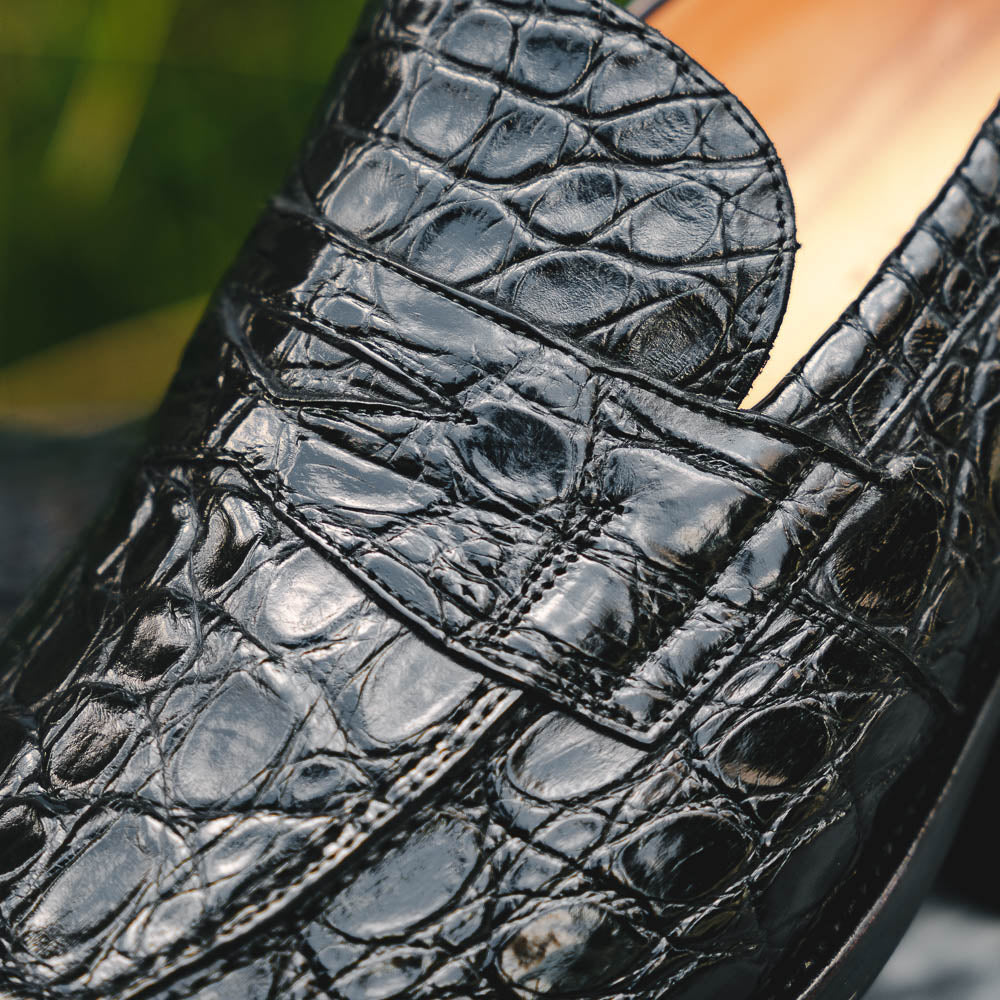 Zelli Roma Caiman Crocodile Penny Loafers Black | MensDesignerShoe.com