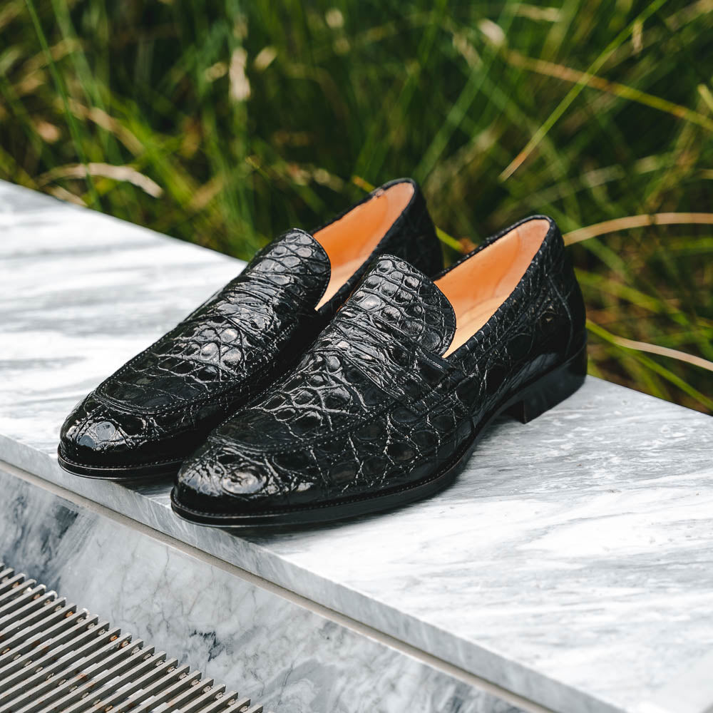 Zelli Roma Caiman Crocodile Penny Loafers Black | MensDesignerShoe.com