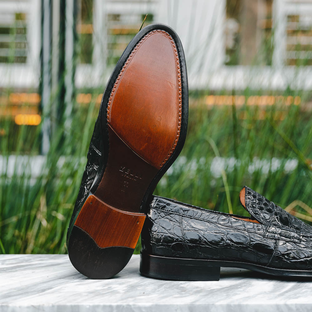 Zelli Roma Caiman Crocodile Penny Loafers Black | MensDesignerShoe.com