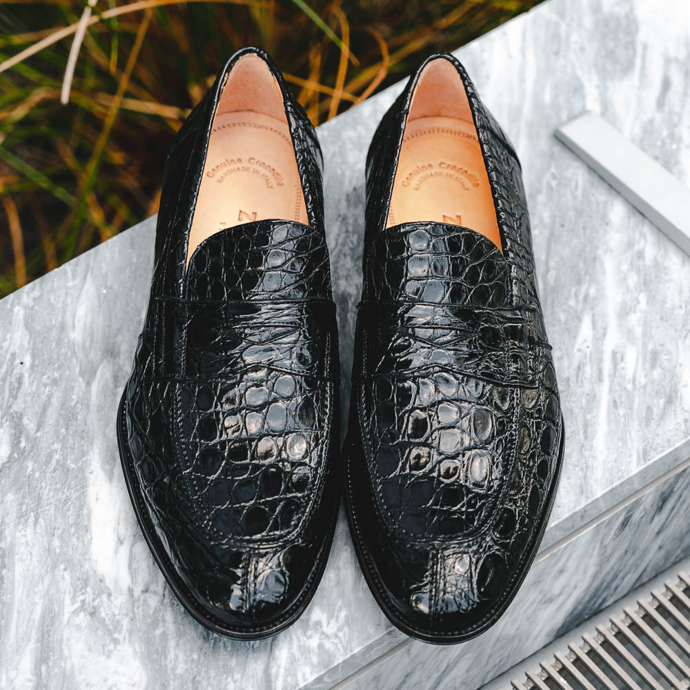 Zelli Roma Caiman Crocodile Penny Loafers Black | MensDesignerShoe.com