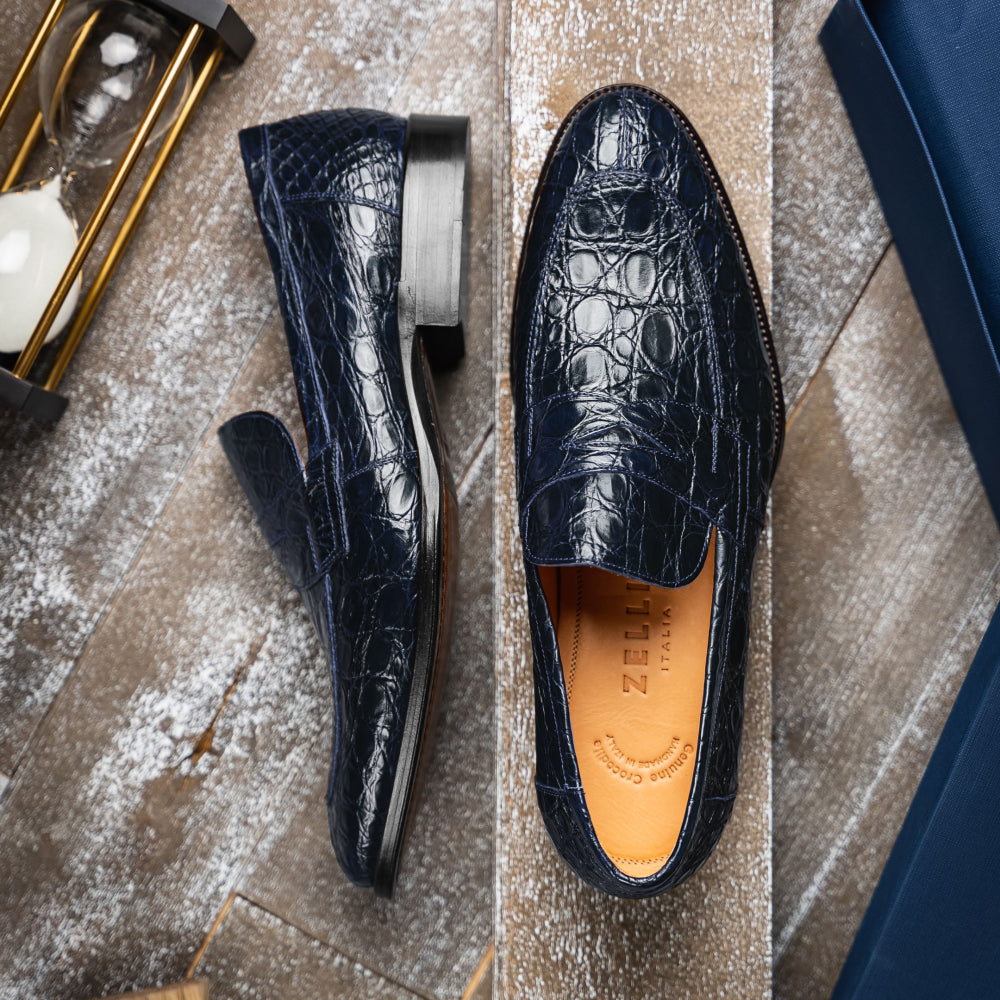 Zelli Roma Caiman Crocodile Loafers Navy (11-201-NVY)