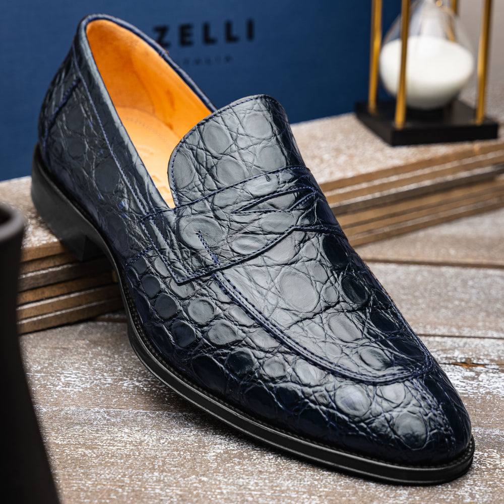 Zelli Roma Caiman Crocodile Loafers Navy (11-201-NVY)