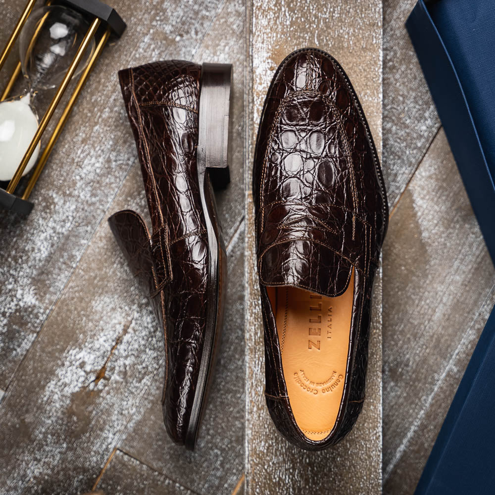 Zelli Roma Caiman Crocodile Penny Loafers Nicotine (11-201-NIC)