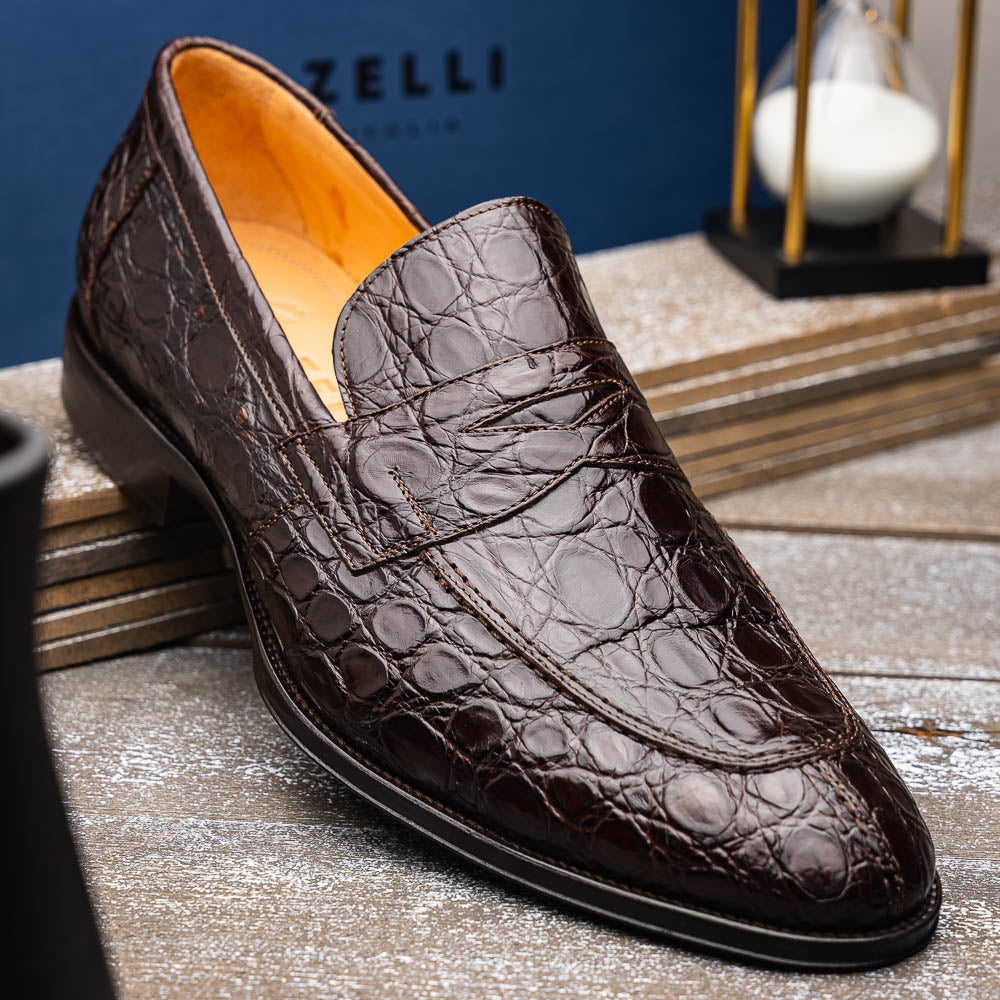 Zelli Roma Caiman Crocodile Penny Loafers Nicotine (11-201-NIC)
