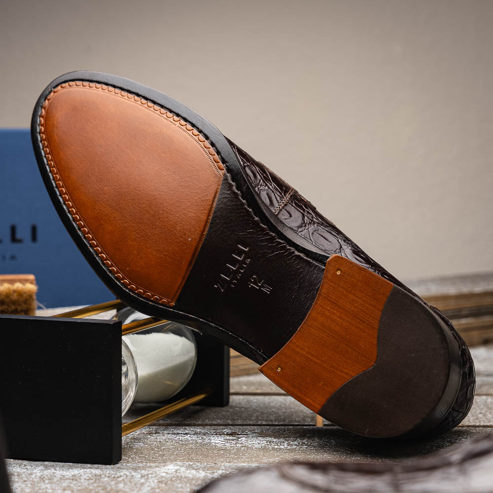 Zelli Roma Caiman Crocodile Penny Loafers Nicotine (11-201-NIC)