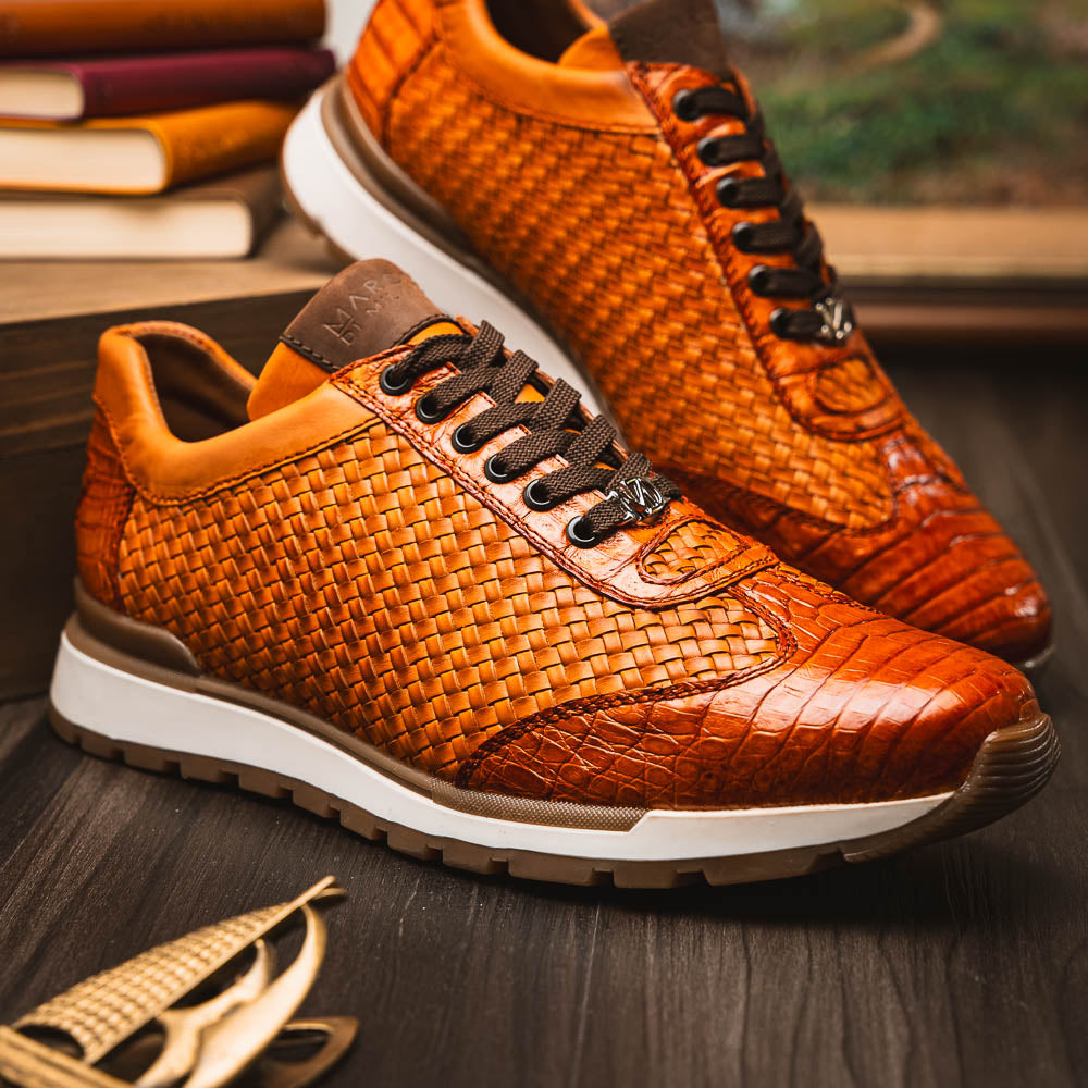 Marco Di Milano Roma Caiman Crocodile Woven Sneakers Brandy