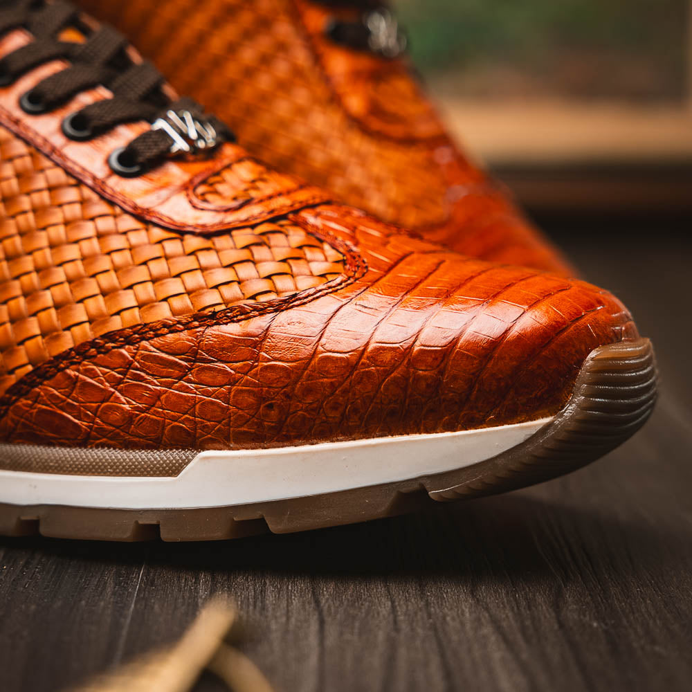 Marco Di Milano Roma Caiman Crocodile Woven Sneakers Brandy
