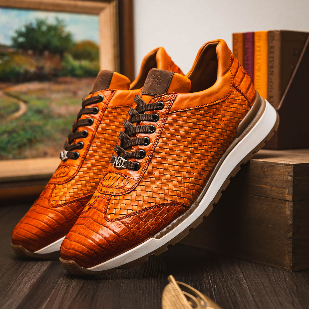 Marco Di Milano Roma Caiman Crocodile Woven Sneakers Brandy