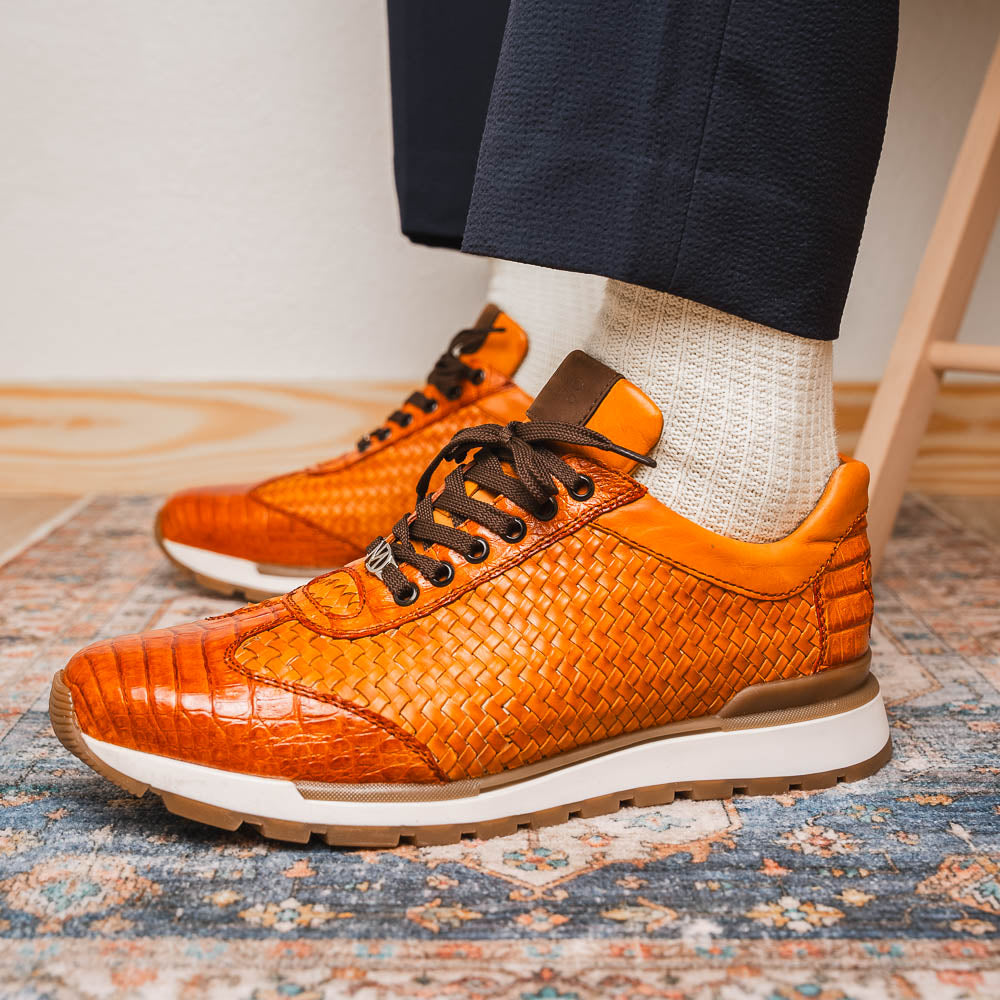 Marco Di Milano Roma Caiman Crocodile Woven Sneakers Brandy