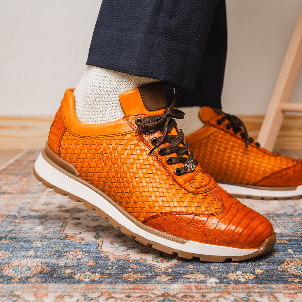 Marco Di Milano Roma Caiman Crocodile Woven Sneakers Brandy