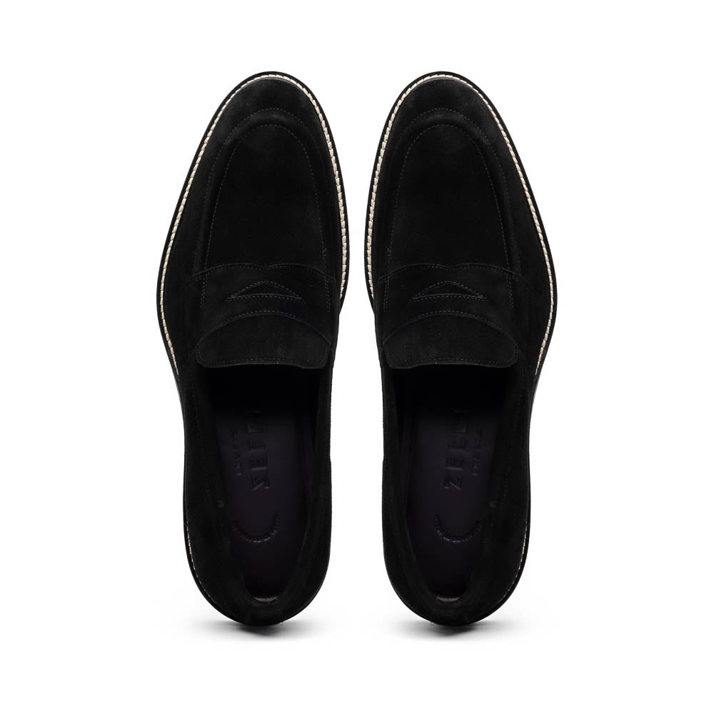 Zelli Roma Italian Suede Penny Loafers Black (16-657-BLK)