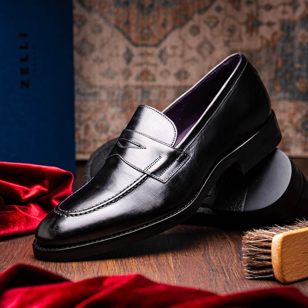 Zelli Roma Hand Burnished Penny Loafers Black (15-400-BLK)