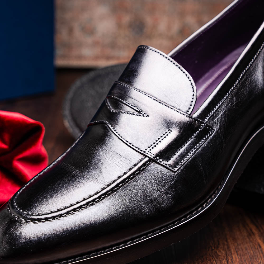 Zelli Roma Hand Burnished Penny Loafers Black (15-400-BLK)