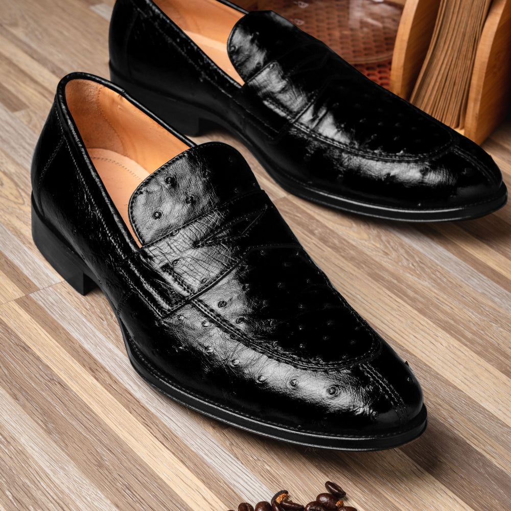 Zelli Roma Ostrich Quill Penny Loafers Black (13-500-BLK)