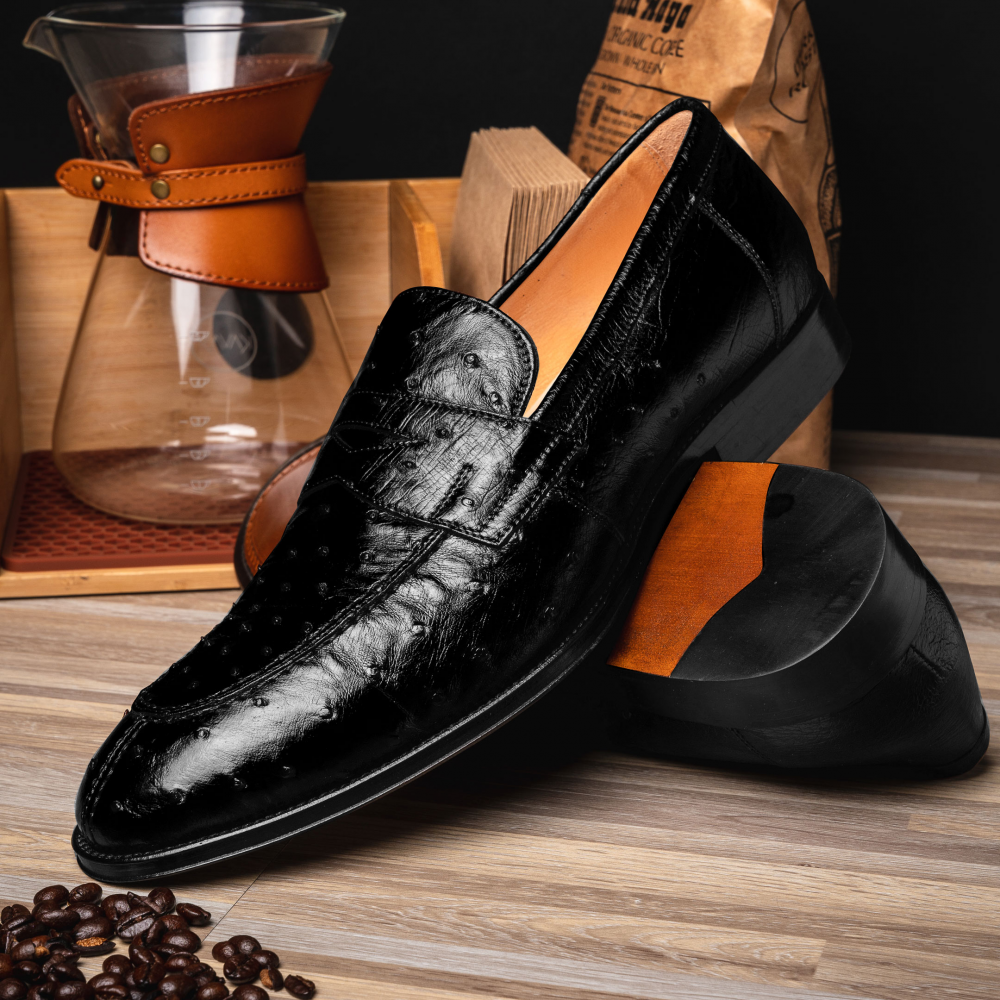 Zelli Roma Ostrich Quill Penny Loafers Black | MensDesignerShoe.com