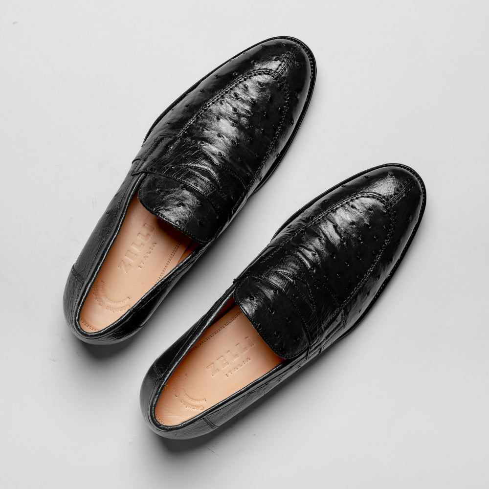 Zelli Roma Ostrich Quill Penny Loafers Black (13-500-BLK)