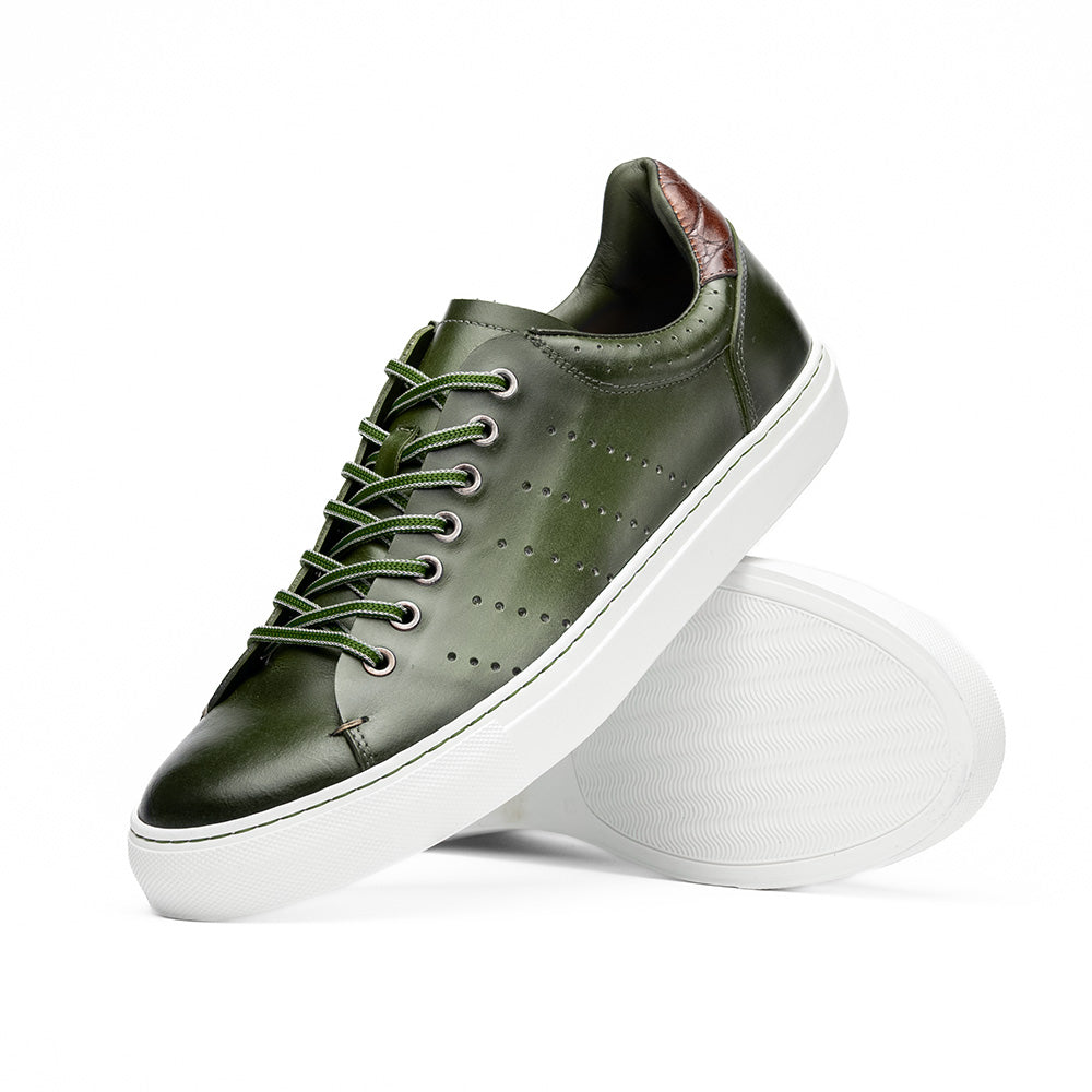 Zelli Russo Calfskin & Crocodile Sneakers Olive | MensDesignerShoe.com