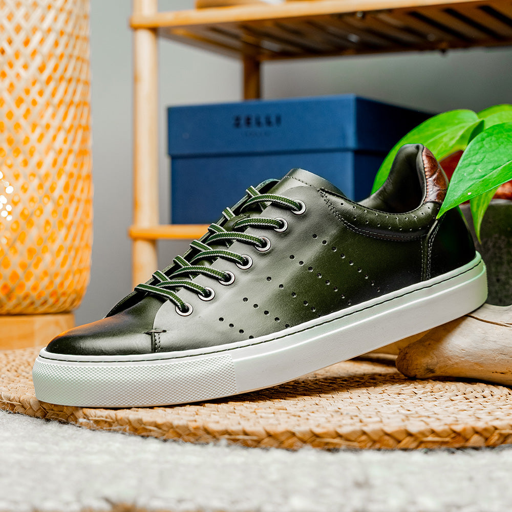 【新品】neru design kozara BRUNT LILY olive② Zelli Russo Calfskin & Crocodile Sneakers Olive | MensDesignerShoe.com