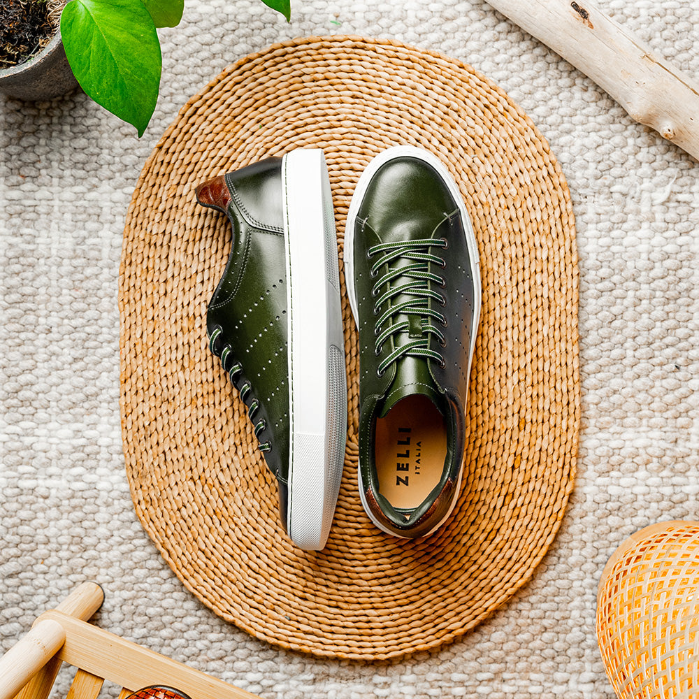 Zelli Russo Calfskin & Crocodile Sneakers Olive | MensDesignerShoe.com
