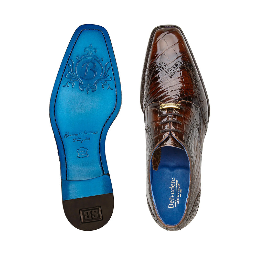 Belvedere Santo Alligator Wingtip Derby Antique Brown (R70)