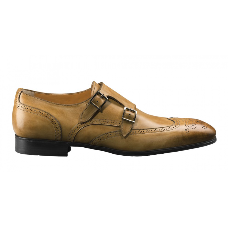 Santoni Belmont Double Monk Strap Wingtip Shoes Tan