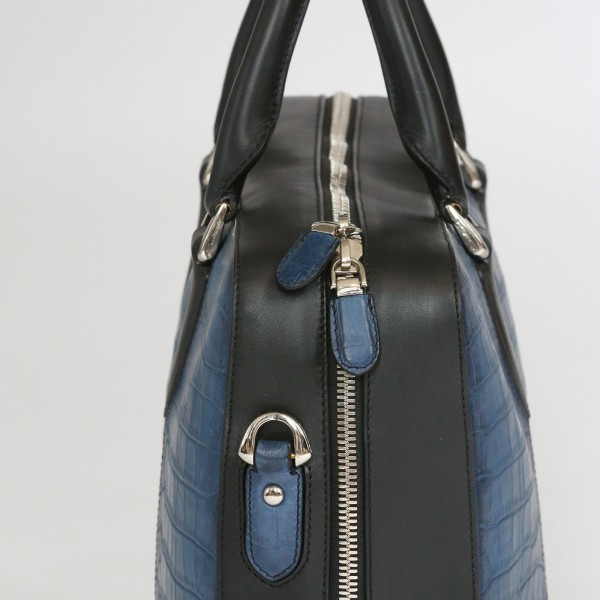 Santoni Croc Embossed Leather Briefcase Cobalt Blue