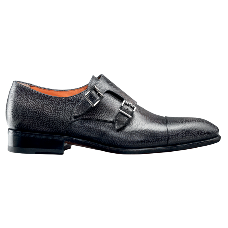 Santoni Truman SP Grain Leather Double Monk Strap Shoes Smoke
