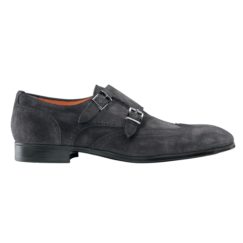 Santoni Virgil Suede Wingtip Monk Strap Shoes Smoke