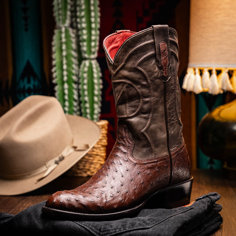 Marco Di Milano Savannah Ostrich Quill Round Toe Cowboy Boot Brown