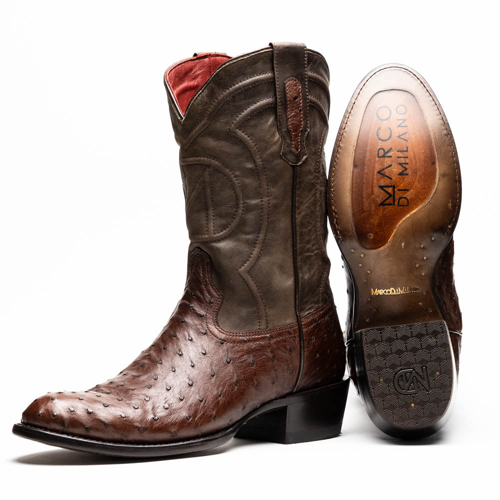 Marco Di Milano Savannah Ostrich Quill Round Toe Cowboy Boot Brown